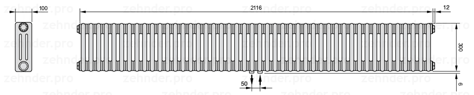 Схема (чертеж) Радиатор Zehnder Charleston 3030/46 №5410 Белый глянцевый RAL 9016